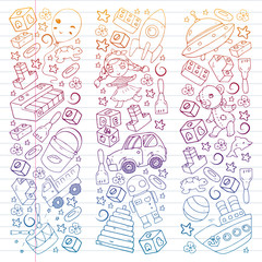 Vector pattern with toys for little children. Kindergarten kids playing with doll, dinosaur, submarine, airplane, car.