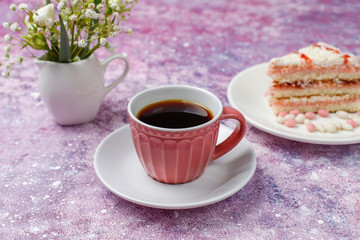 Italian tuscan traditional cookies cantuccini with almonds ,a cup of coffee on light background,top view