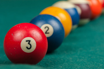 Billiards balls and cue on billiards table. Billiard sport concept.