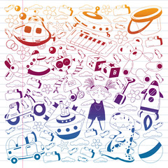 Vector set with toys icons. Pattern for kindergarten, little children. Kids playing.