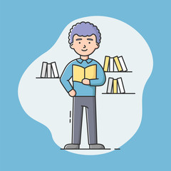 Concept Of Self Education And Reading Books. Hipster Young Man Is Reading The Book Standing On Feet At Home Or Office. Productive Pastimes Of Leisure. Cartoon Linear Outline Flat Vector Illustration