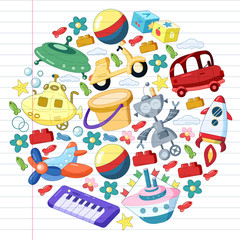 Vector set with toys icons. Pattern for kindergarten, little children. Kids playing.