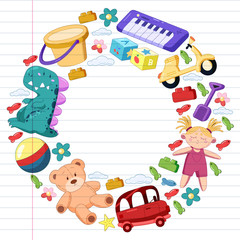 Obraz premium Vector set with toys icons. Pattern for kindergarten, little children. Kids playing.