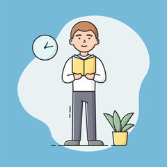 Concept Of Self Education And Reading Books. Hipster Young Man Is Reading The Book Standing On Feet At Home Or Office. Literature Fans Or Lovers. Cartoon Linear Outline Flat Style Vector Illustration