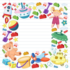 Vector set with toys icons. Pattern for kindergarten, little children. Kids playing.