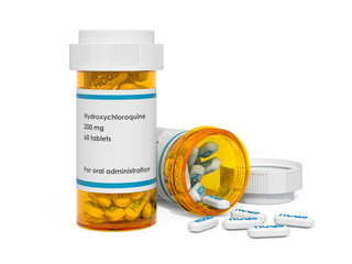 Medical bottle with hydroxychloroquine HCQ pills, 3D rendering