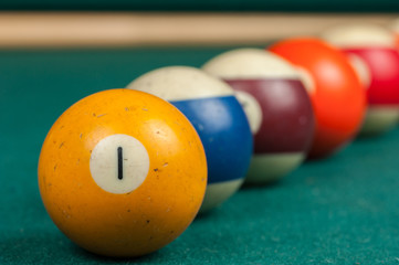 Billiards balls and cue on billiards table. Billiard sport concept.