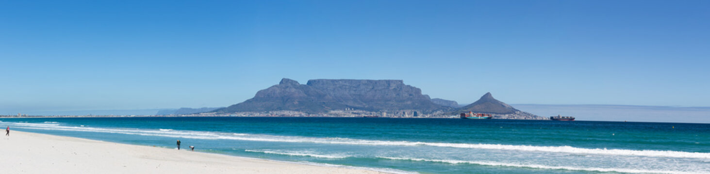 Wide-angle view of Table Mountain as seen from Blouberg Beach in Cape Town South Africa