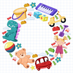 Obraz premium Vector set with toys icons. Pattern for kindergarten, little children. Kids playing.