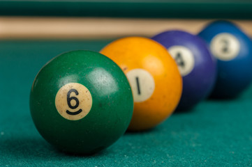 Billiards balls and cue on billiards table. Billiard sport concept.