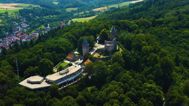 Aerial view of the castle Burg Frankenstein close to the Mühltal in Germany. On a sunny day in Summer. 
