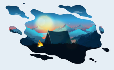 Camping dream - a dreamy scene with tent and fireplace at sunrise. Dreaming of hiking, freedom and recreation concept. Vector illustration. © Knut