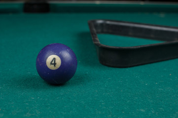 Billiards balls and cue on billiards table. Billiard sport concept.