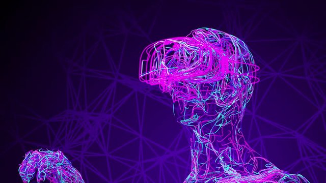 Man Wearing Virtual Reality Glasses Consisting Of Tangled Colored Wires. 4K. 3840x2160. UHD. 3D Animation.