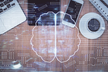 Multi exposure of brain drawing over work table desktop. Top view. Global data analysis concept.