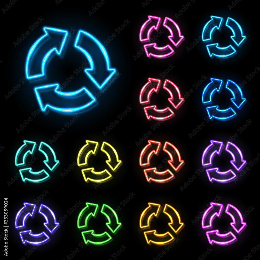 Poster 3d color neon 3 in circle arrows set on black background. zero waste reuse recycle icon for web inte
