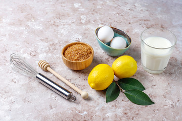 Cupcake baking background with kitchen utensils.