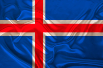photo of iceland state national flag on luxurious texture of satin, silk with waves, folds and highlights, closeup, copy space, illustration
