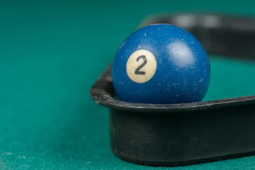 Billiards balls and cue on billiards table. Billiard sport concept.