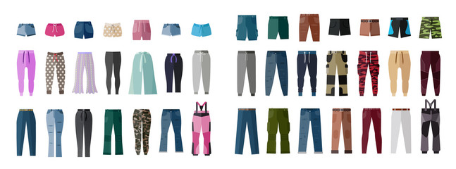 Male and female clothing elements. Pants, trousers and underwear for men and women. A set of fashion and style elements. - obrazy, fototapety, plakaty