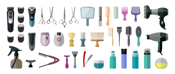 Flat icon set of tools for hairdressers. Set of accessories and tools for hair salons.