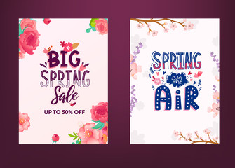 Set of Spring backrounds with flowers and text.