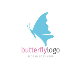 simple blue beautiful butterfly vector logo design open wings from side view