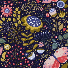 Seamless vector floral colorful pattern. Ornate flower spring and summer botanical art in a modern flat style. Romantic garden color illustration on a dark blue background.
