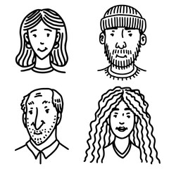 Diverse faces of people set. Human Avatars Collection. Happy emotions. Portrait with a positive facial expression. Hipster Men and women, grandparents and girls. Hand drawn doodle sketch.