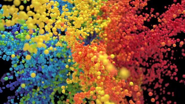 Bubble Burst - colorful rainbow foaming balls balloons explosion. Iridescent multicolored foam spheres in slow motion macro isolated on black. Alpha matte 60 fps 4k
