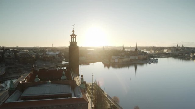 Aerial drone view over Stockholm at sunset