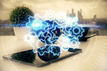 Double exposure of financial theme drawing and cell phone background. Concept of business