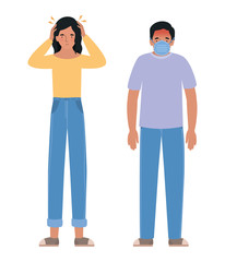 Avatar man and woman with headache and mask vector design