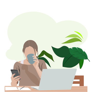 Cute Girl Work From Home In Garden Vector Design 