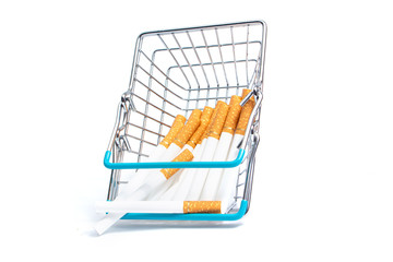 cigarette liners in a shopping basket on a white background. isolate