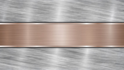 Background consisting of a silver shiny metallic surface and one horizontal polished bronze plate located centrally, with a metal texture, glares and burnished edges