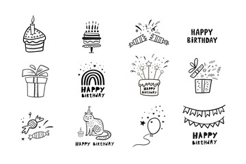 Birthday set. Vector birthday illustration. Doodle style drawing. Birthday icon set. Linear illustration