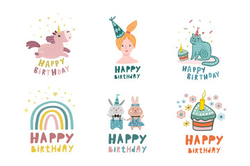 Birthday set. Vector illustration for birthday design. Collection of birthday drawings. Birthday card. Flat style drawings.