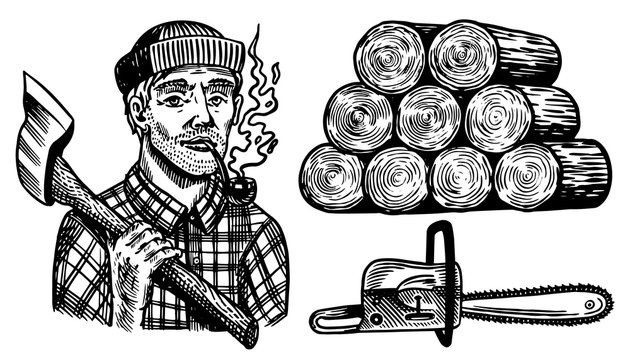 Lumberjack with axe. Woodsman character and work tools Set. Downed logs, Saw or chainsaw. Hand drawn elements. Logger or axeman or woodcutter. Vector illustration. Engraved Monochrome Vintage Sketch.