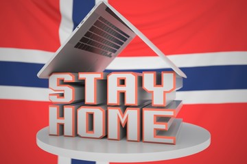 Portable computer and STAY HOME inscription with flag of Norway as a background. Norwegian Coronavirus self-isolation, 3D rendering
