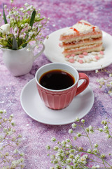 Italian tuscan traditional cookies cantuccini with almonds ,a cup of coffee on light background,top view