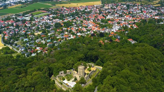 Aerial view of the city and castle Schloss Alsbach in Germany.  On a sunny day in Summer. 