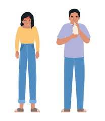 Avatar woman and man with covid 19 virus coughing holding tissue and fever vector design
