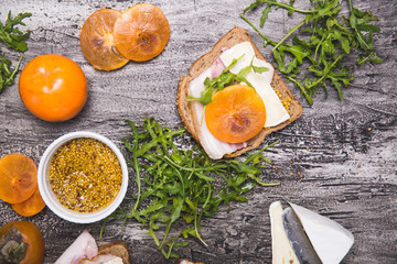 sandwich snack Breakfast sandwich persimmon mustard arugula brie cheese