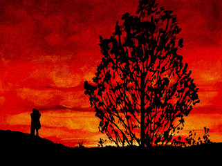 Lovers Red Sky Sunset Silhouette Painting