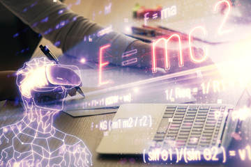 Double exposure of woman hands typing on computer and formula hologram drawing. Education concept.