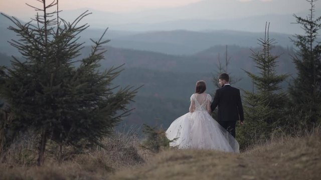 Newlyweds. Groom with bride walking away on mountain slope. Wedding couple