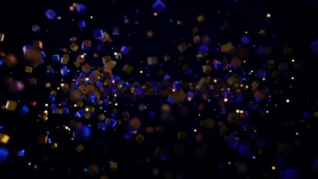 Abstract particle background, a lot of small details and elements flying into one line. Animation. Moving colorful squares forming one stripe isolated on black background.