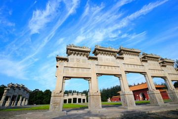 Ancient Chinese architecture, against a blue sky background