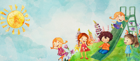 Children playing in children`s slide. Watercolor - obrazy, fototapety, plakaty